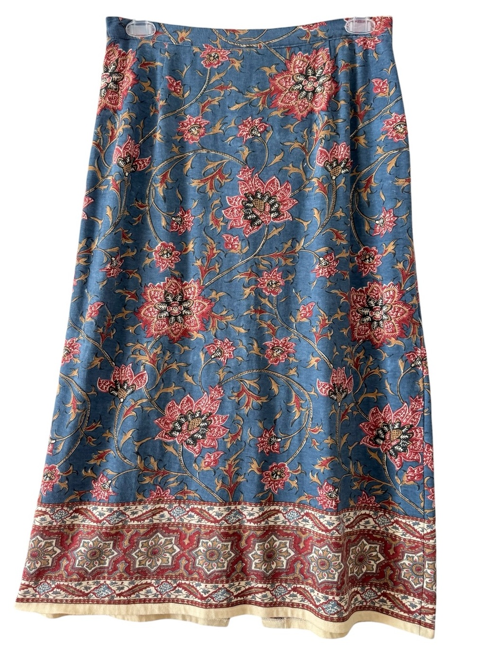 100% Cotton Coldwater Creek Maxi Blue Floral Paisley Border Skirt Size Large
